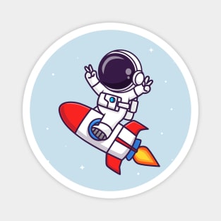 Cute Astronaut Riding Rocket With Peace Sign Cartoon Magnet